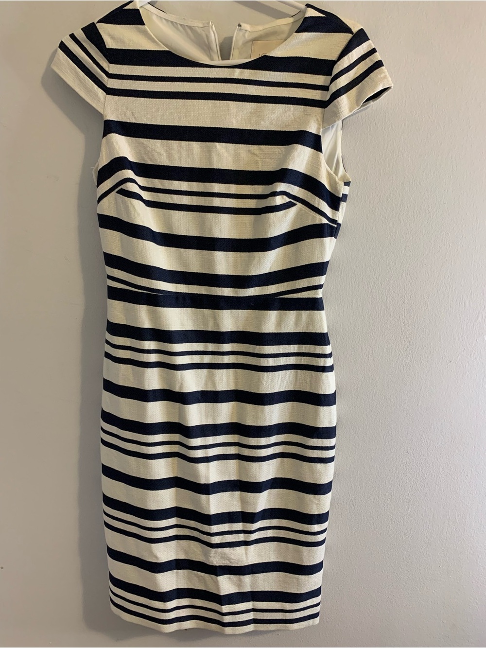 J. Crew Navy and White Striped Cap-Sleeve Sheath Dress